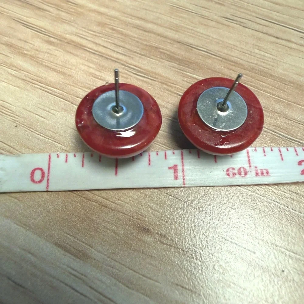 Red Marbled Stud Earrings Round Domed‎ Swirl Resin Post Back Bold Retro Style